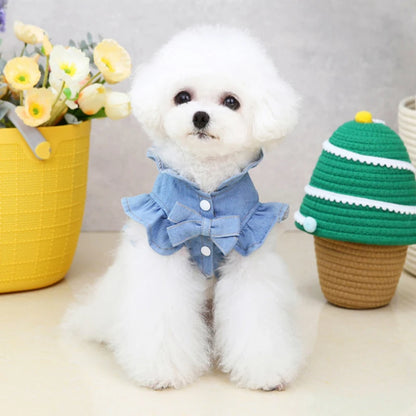 Dog Denim Jacket Jeans Lapel Vest Pet Harness Pet Puppy Clothes Dog Apparel Blue Denim Dress Ruffles Leash Hook Dog Clothes 2022