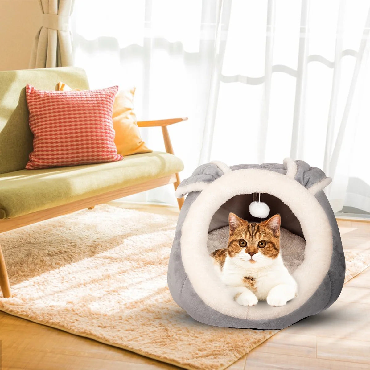 Cat Cave Bed, 15" Plush Dog Cat Tent Bed House Indoor with Washable Cushion for Small Medium Cats Dogs Gray