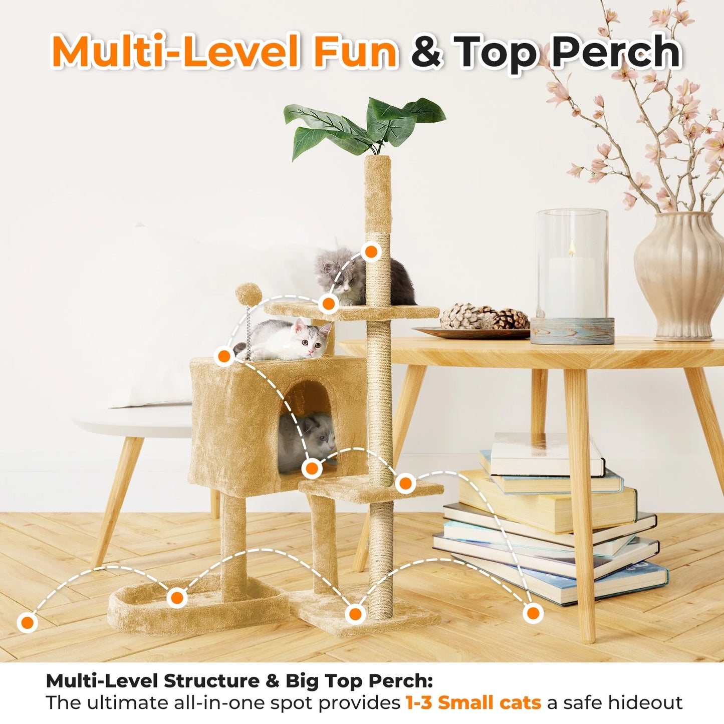 Cat Tree,52" Cat Tower for Indoor Cats, Cat Tree with Scratching Posts Plush Perch Stand, Cat Condo with Funny Toys Kittens Pet Play House,Beige