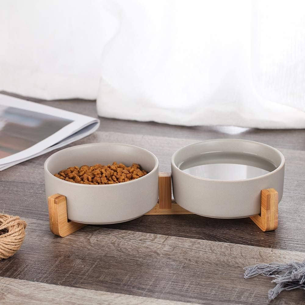 Ceramic Cat Dog Bowl Dish with Wood Stand No Spill Pet Food Water Feeder Cats Small Dogs Set of 2