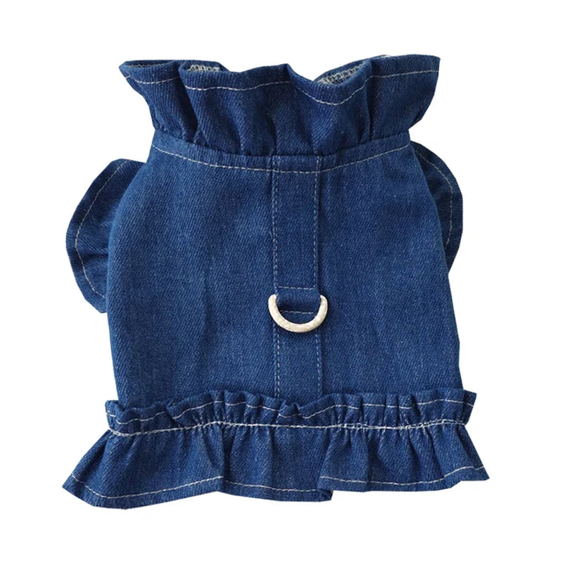 Dog Denim Jacket Jeans Lapel Vest Pet Harness Pet Puppy Clothes Dog Apparel Blue Denim Dress Ruffles Leash Hook Dog Clothes 2022