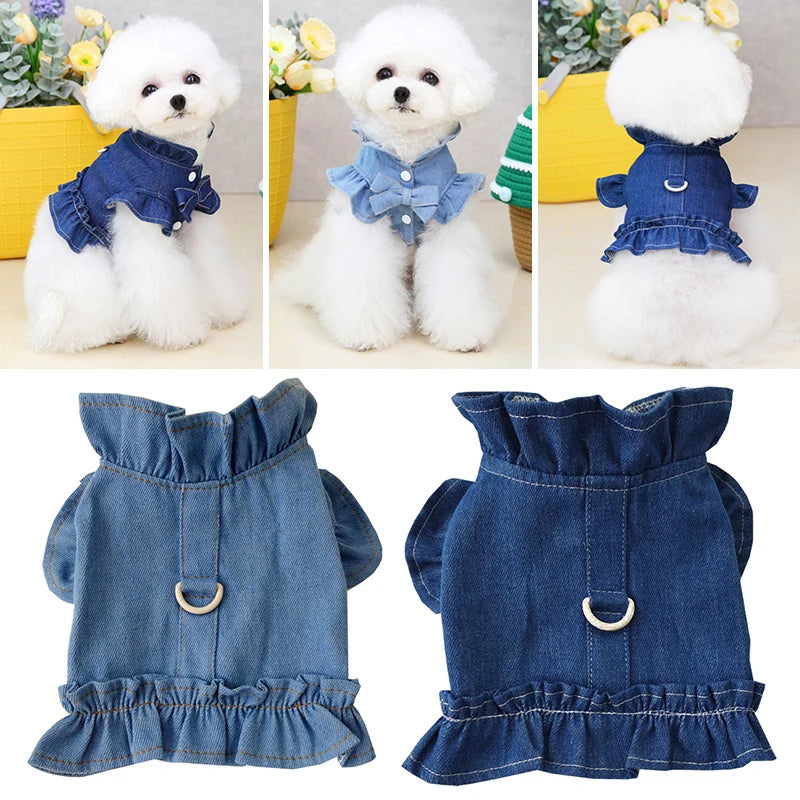 Dog Denim Jacket Jeans Lapel Vest Pet Harness Pet Puppy Clothes Dog Apparel Blue Denim Dress Ruffles Leash Hook Dog Clothes 2022