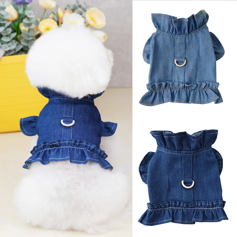 Dog Denim Jacket Jeans Lapel Vest Pet Harness Pet Puppy Clothes Dog Apparel Blue Denim Dress Ruffles Leash Hook Dog Clothes 2022