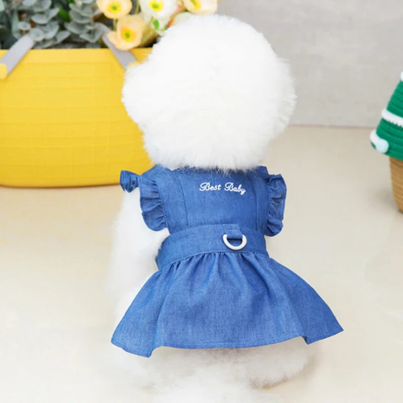 Dog Denim Jacket Jeans Lapel Vest Pet Harness Pet Puppy Clothes Dog Apparel Blue Denim Dress Ruffles Leash Hook Dog Clothes 2022