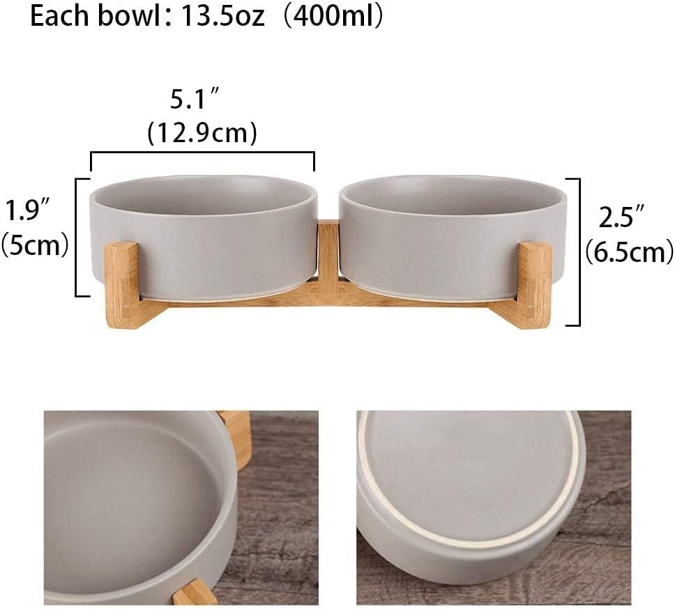 Ceramic Cat Dog Bowl Dish with Wood Stand No Spill Pet Food Water Feeder Cats Small Dogs Set of 2