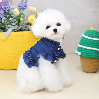 Dog Denim Jacket Jeans Lapel Vest Pet Harness Pet Puppy Clothes Dog Apparel Blue Denim Dress Ruffles Leash Hook Dog Clothes 2022