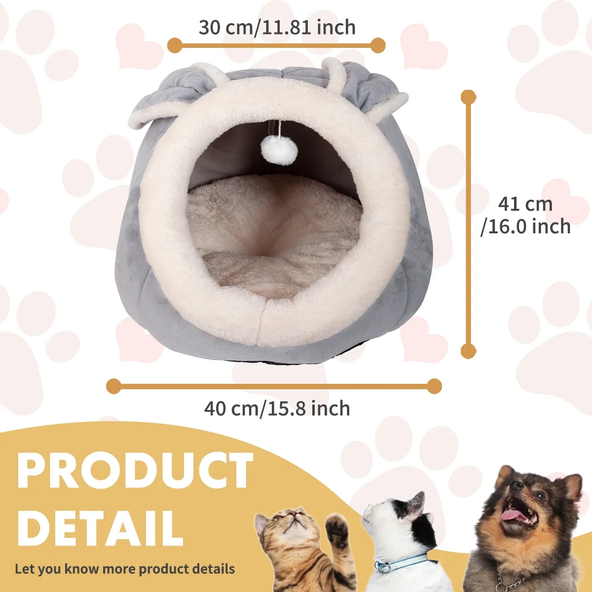 Cat Cave Bed, 15" Plush Dog Cat Tent Bed House Indoor with Washable Cushion for Small Medium Cats Dogs Gray