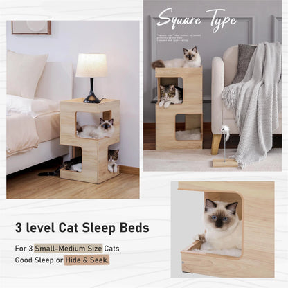 23" Wood Cat House Furniture for Indoor Cats, Modern Cat Tree Tower Bed with Free Cat Toy, Scratching Pad and Removable Soft Mats, Small Cat Condo, Beige