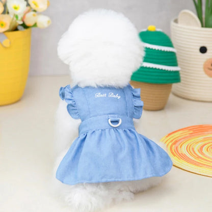 Dog Denim Jacket Jeans Lapel Vest Pet Harness Pet Puppy Clothes Dog Apparel Blue Denim Dress Ruffles Leash Hook Dog Clothes 2022