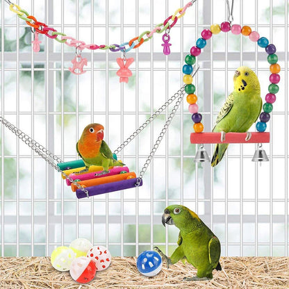 Bird Cage Toys for Parrots Wood Birds Swing Reliable Chewable Bite Bridge Wooden Beads Shape Parrot Toy 11Pcs Bird Toys