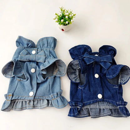 Dog Denim Jacket Jeans Lapel Vest Pet Harness Pet Puppy Clothes Dog Apparel Blue Denim Dress Ruffles Leash Hook Dog Clothes 2022