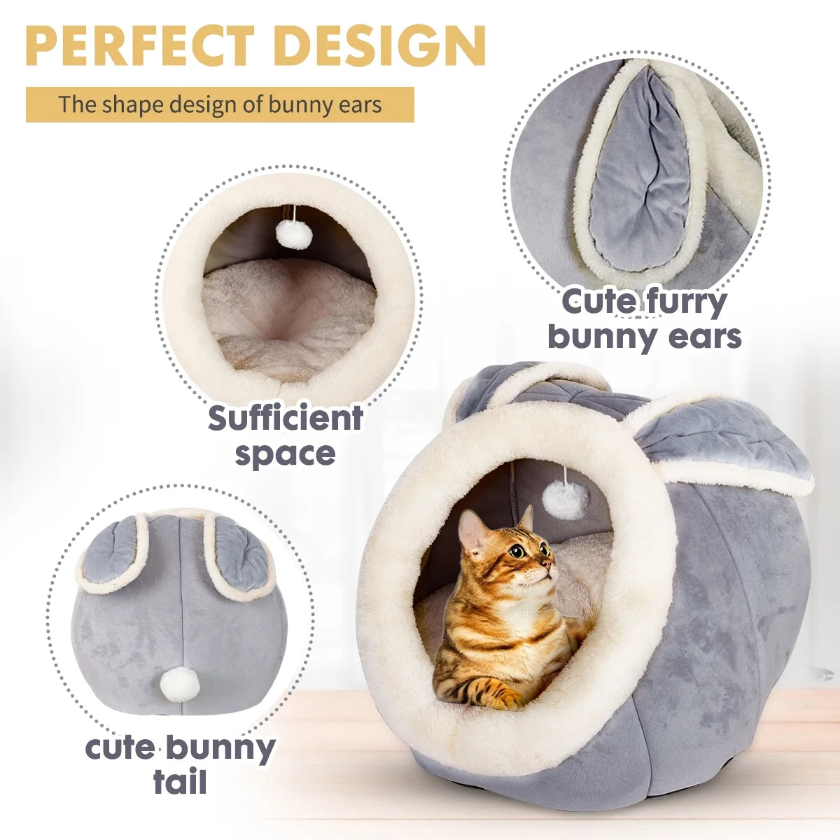 Cat Cave Bed, 15" Plush Dog Cat Tent Bed House Indoor with Washable Cushion for Small Medium Cats Dogs Gray