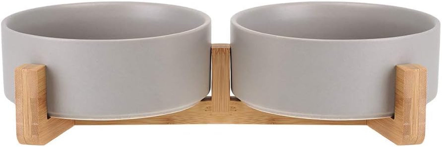 Ceramic Cat Dog Bowl Dish with Wood Stand No Spill Pet Food Water Feeder Cats Small Dogs Set of 2