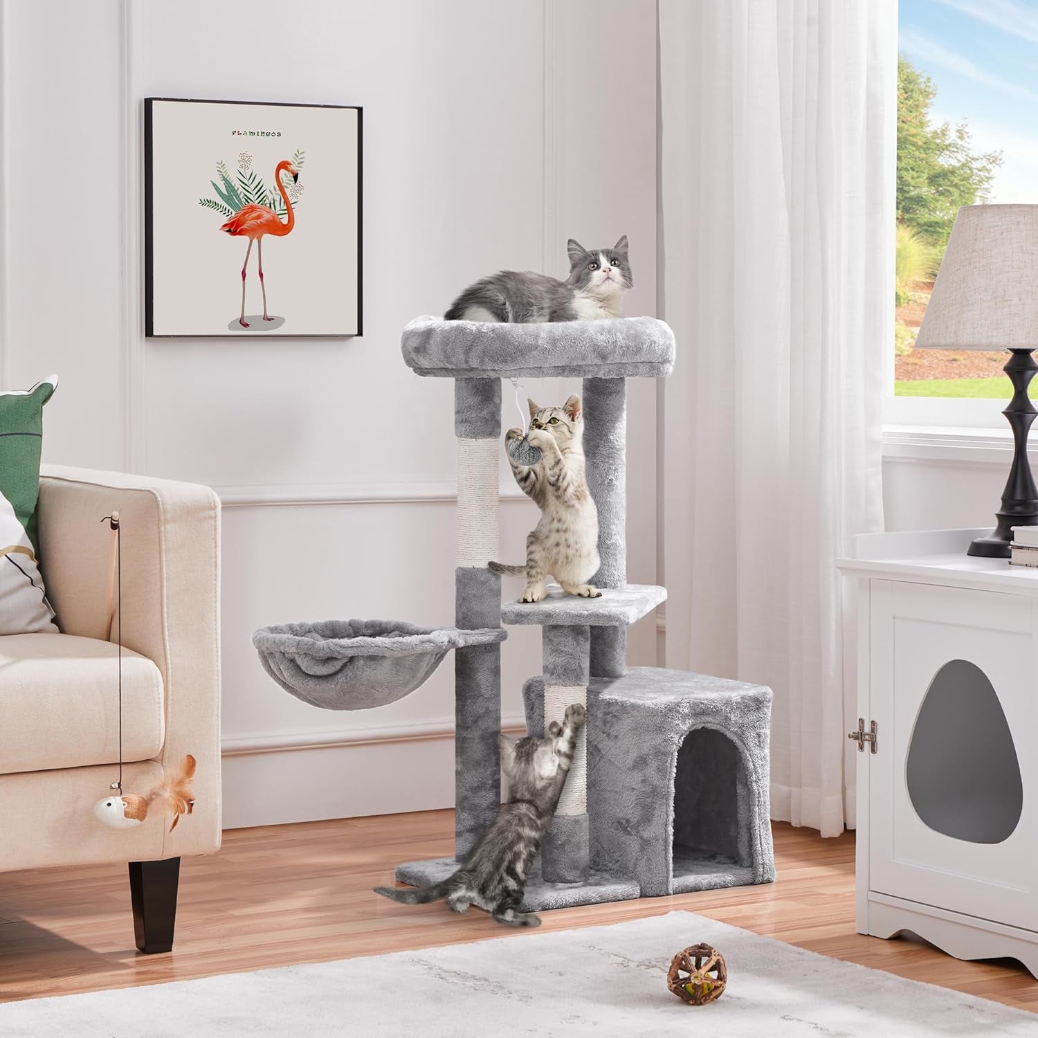 Cat Tree 34In Cat Tower Plush Cover with Condo, Platform & Basket for Indoor Kittens, Cat Furniture Activity Tree